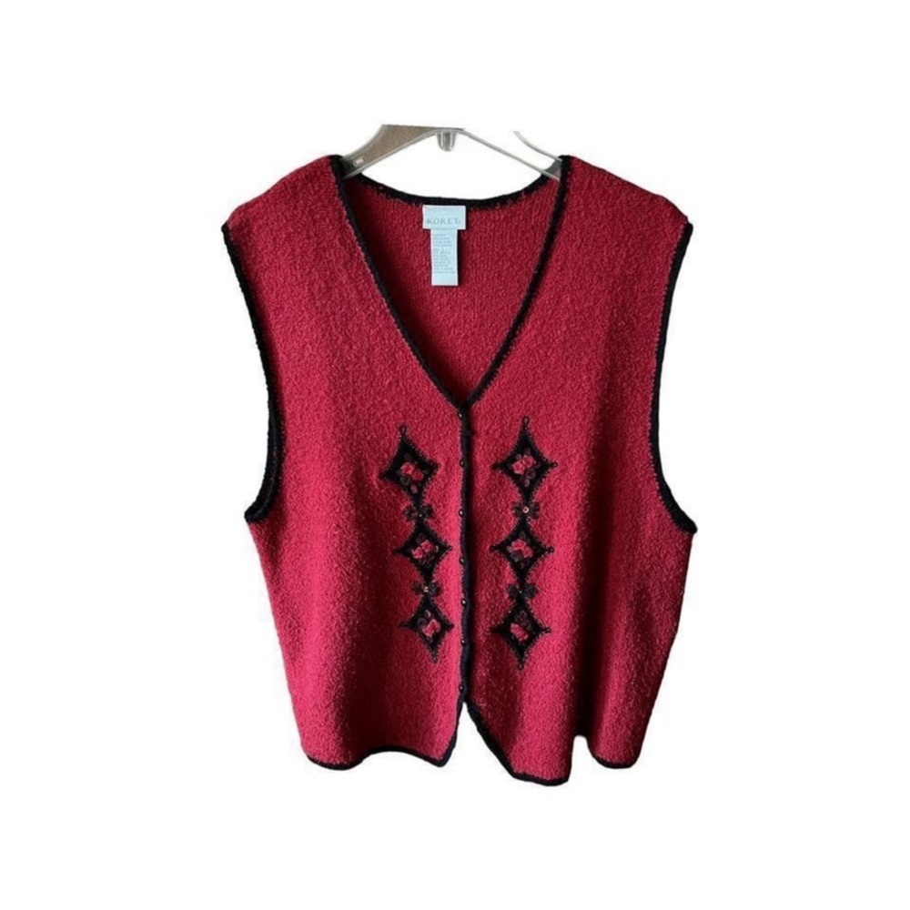 Vintage 90s embroidered Koret, red and black button up sweater vest